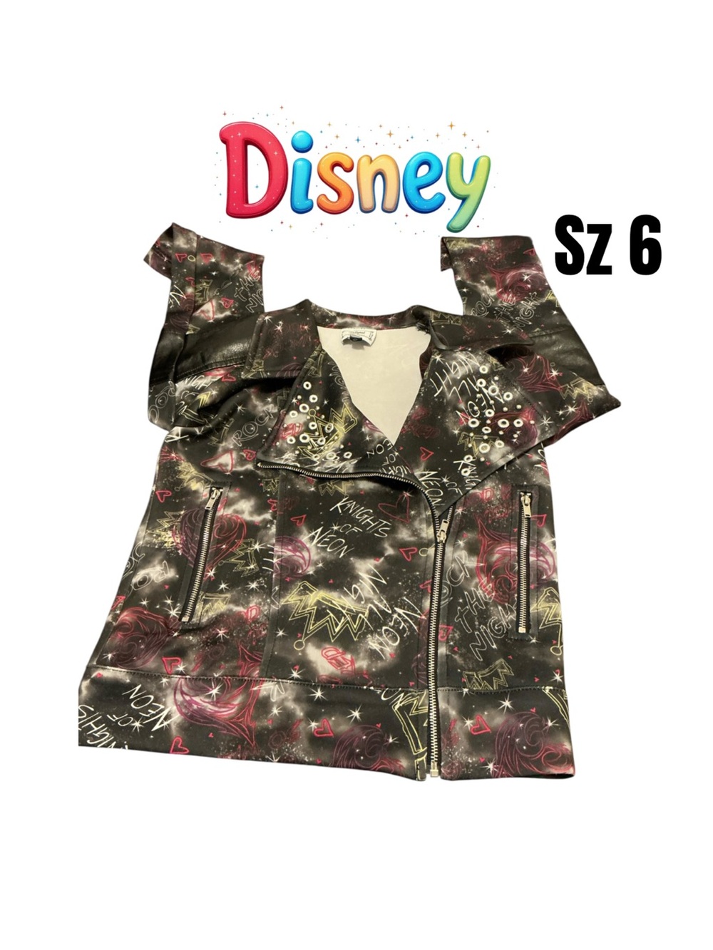 Disney Black Moto Jacket with Pink & Yellow Graffiti Accents